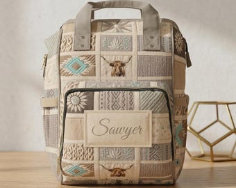 Southwestern Patchwork Longhorn diaper backpack | Personalized Name Baby Bag | Dad Backpack | Country Western Diaper Bag