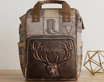 Mochila cambiador de cuero repujado con diseño de ciervo y bota vaquera / Bolso de bebé estilo western personalizado