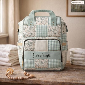 May include: A quilted backpack featuring a patchwork design of sage green gingham, floral patterns, and solid sage green panels. The front pocket displays the name Everleigh in dark script. It includes top handles and gold-tone zippers.