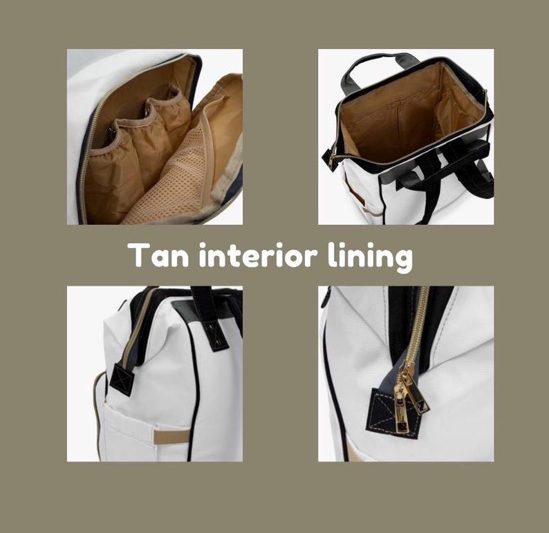 Puede incluir: Mochila blanca con ribete negro y forro interior color beige. La bolsa tiene un asa superior, correas ajustables y una cremallera dorada. El texto "Tan interior lining" es visible en la imagen.