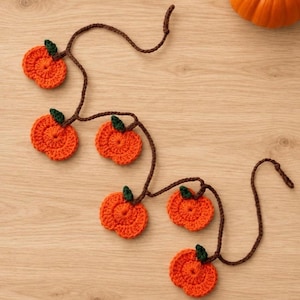 May include: A crochet garland featuring six small orange pumpkins with dark green stems, all connected by a single brown yarn strand. Each pumpkin is crafted with a circular stitch pattern, and the entire piece is arranged in a winding, organic shape.