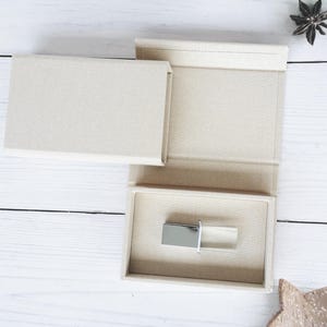 Creme Beig Leinen USB BOX mit Band für Kristall USB | Hochzeitsgeschenk Box