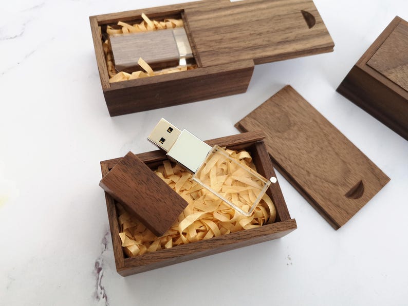 walnut USB box with wooden crystal USB