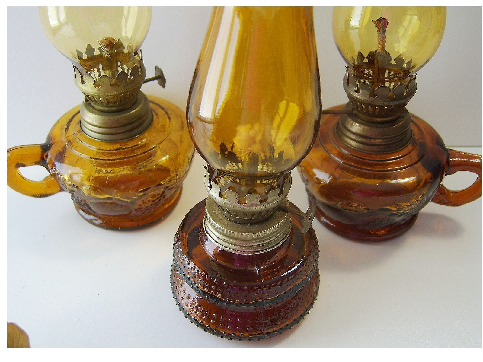 3 Vintage Miniature Amber Glass Oil Lamps Etsy