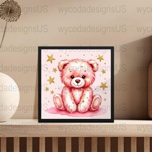 Niedlicher rosa Teddybär-Druck für Kinderzimmer-Wanddekor, niedliches Baby-Tierkunst, digitaler Download Kinderzimmer-Poster, druckbare Wandkunst