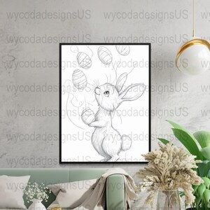 Dessin de lapin mignon avec des oeufs de Pâques, art mural imprimable, téléchargement immédiat, décoration de Pâques de lapin, impression d&#39;art numérique pour chambre d&#39;enfant, printemps