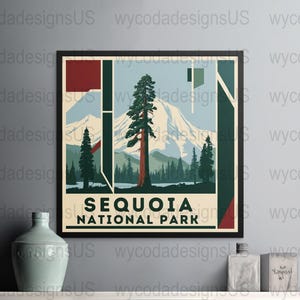 Sequoia National Park digital print, Vintage style landscape illustration wall art, Nature lovers decor, National park art poster