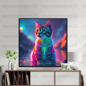 Colorful Cat Digital Art Print, Vibrant Cat Wall Art, Cat Lover Gift, Neon Cat Print, Unique Home Decor, Digital Download Artwork