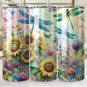 Straight Tapered PNG 20 oz skinny tumbler wraps Dragonfly Sunflower Floral digital download