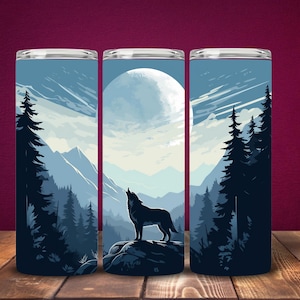 Majestuosa silueta de lobo contra la luna luminosa: papel digital con paisaje sereno para envolver regalos y proyectos imprimibles