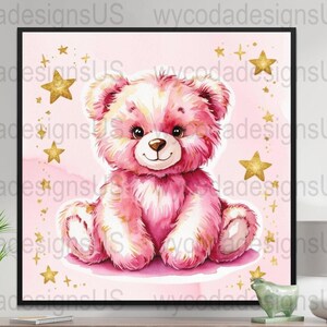 Baby Mädchen, süße rosa Teddybär Wandkunst für Kinderzimmer, Kinderzimmer Dekor Teddybär druckbare, süße Tierdruck, digitaler Download Kunst