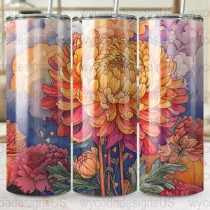 Chrysanthemum floral tumbler wrap 20oz skinny PNG seamless digital download, vibrant flower artwork straight tapered wrap