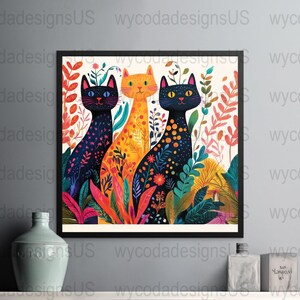 Colorful Cats Art Print, Abstract Cat Painting, Whimsical Cat Art, Vibrant Cat Illustration, Modern Wall Art, Cat Lover Gift