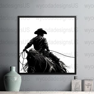 Cowboy Riding Horse Poster, Western Art Print, Rodeo Decor, Black and White Wall Art, Rustic Farmhouse, Digital Download