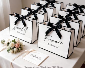 Personalized Wedding Gift Bags with Ribbon Tie, Custom Name Welcome Bags, Bridal Party Favors and Thank You Gift Bags