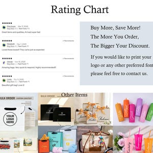May include: The image showcases a variety of personalized gift items. It includes white gift bags with custom logos, black gift boxes, and personalized tumblers. Text on the image reads "Buy More, Save More!" and "If you would like to print your logo or any other preferred font, please feel free to contact us."