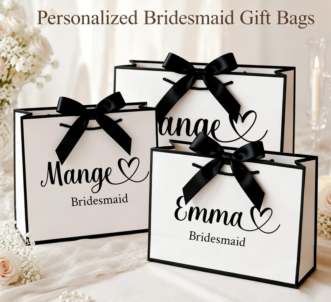 Personalized Bridesmaid Gift Bags With Bow Tie, Custom Name Wedding ...