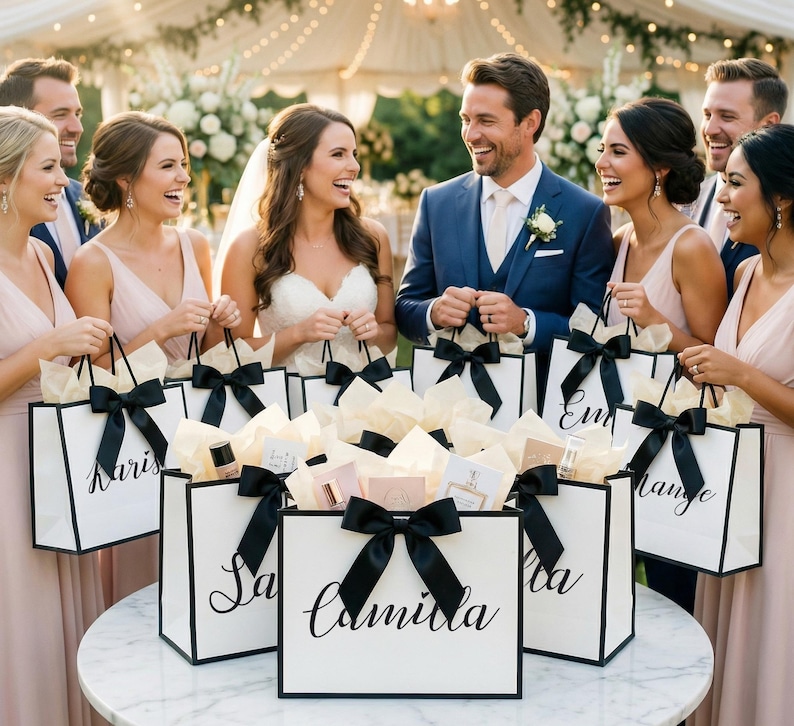 May include: A group of people, including a bride and groom, are smiling and holding white gift bags with black bows. The bags have black trim and names written on them. The bags are filled with gifts and tissue paper.