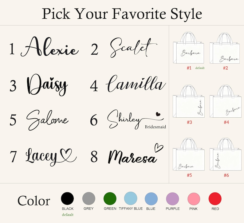 May include: Image features a selection of personalized tote bags with the name "Barbara" and various design options. The text "Pick Your Favorite Style" is at the top, with color options below.