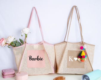 Gift for Mom, Personalized Beach Tote Gift bag, Large leather Capacity Mesh Vacation Tote Bag, Destination Weddings Bags, Summer Bag