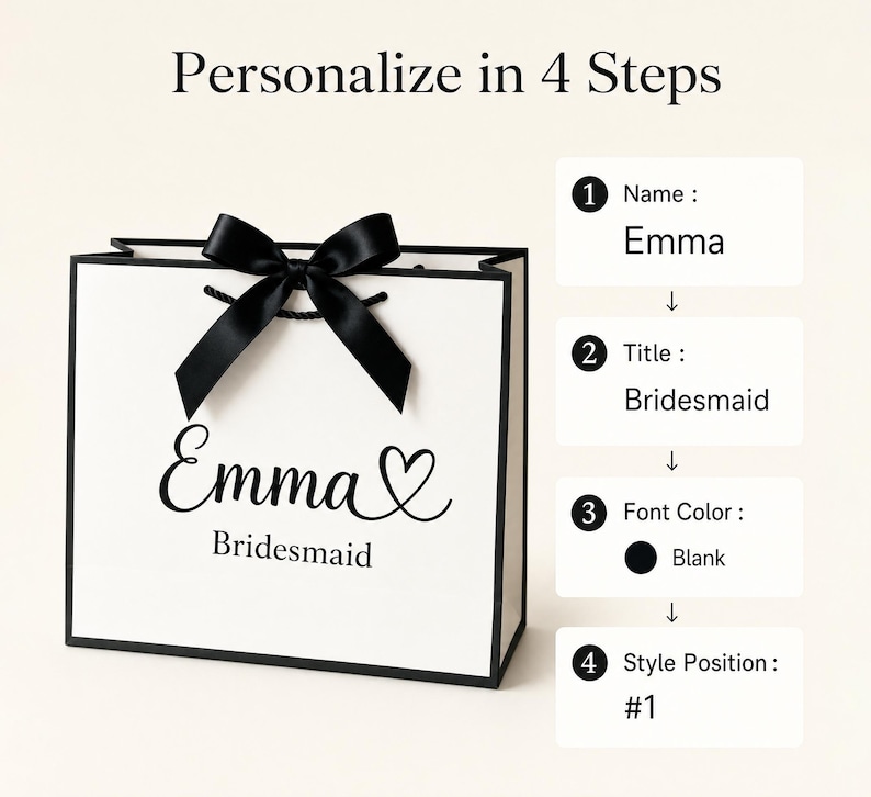 May include: White gift bag with black trim and a black bow. The bag is personalized with the name "Emma" and the title "Bridesmaid" in black script. The image also shows the steps to personalize the bag.