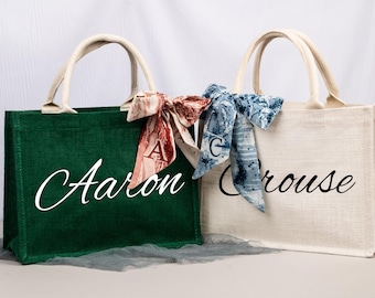 Personalized Burlap Tote Bag with Scarf, Bridesmaid Gift