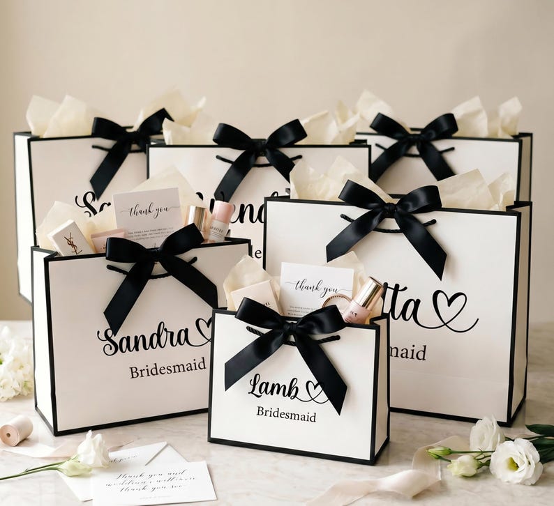 May include: White gift bags with black trim and black bows, filled with gifts and tissue paper. The bags are labeled with names and the word "Bridesmaid". Small cards and beauty products are visible.