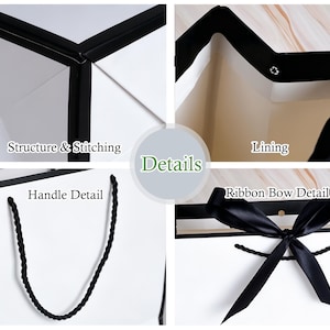 May include: Close-up details of a white gift bag with black trim. The bag features a black rope handle and a black ribbon bow. The image highlights the structure, stitching, lining, and handle and bow details.