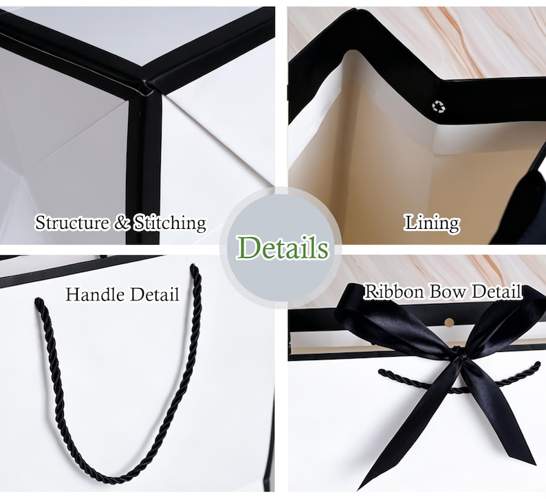May include: Close-up details of a white gift bag with black trim. The bag features a black rope handle and a black ribbon bow. The image highlights the structure, stitching, lining, and handle and bow details.
