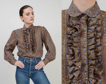 vintage 1970s rust brown blouse with yellow embroidered flowers size s
