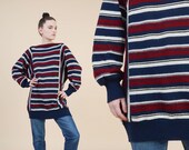 Vintage Striped Sweater Tunic size S M Slouchy Oversize Top Dolman Sleeve Knit Mini Dress Burgundy Red Navy White Small Medium