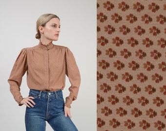 vintage 1970s rust brown blouse with yellow embroidered flowers size s