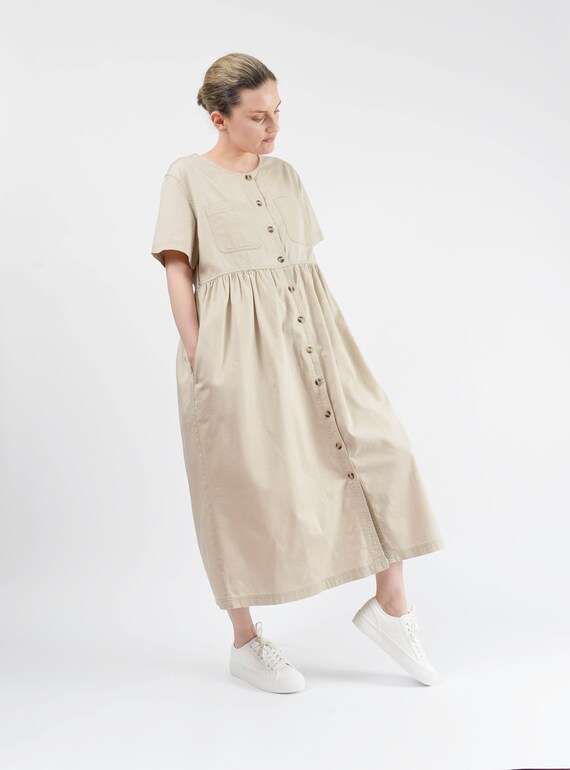 Khaki Cotton Dress 90s Vintage Short Sleeve Butto… - image 4