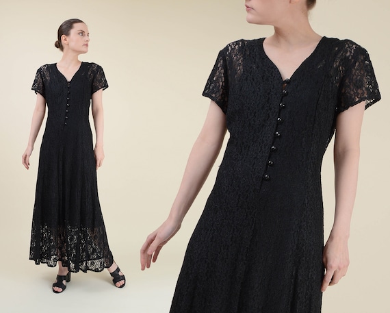 Vintage Black Sheer Lace Dress | Boho Goth Long La