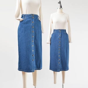 90er Jahre Jeansrock Größe Medium | Vintage Classic Minimal Cotton Midi-Rock mit Knöpfen und Taschen