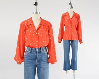 Orange Polka Dot Blouse 80s Vintage Nipped Waist Button Down Secretary Blouse size S M