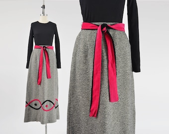Herringbone Wool Maxi Skirt 70s Vintage Velvet Tie Belt High Waisted Flared Skirt Pink Black size S