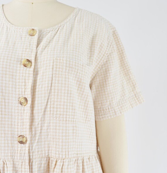 Gingham Linen Cotton Babydoll Dress | 90s Vintage… - image 3
