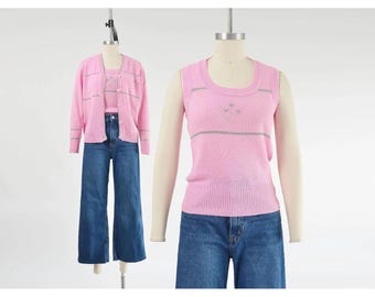 60s Pink Sweater Set XS S | Vintage Metallic Silver Twin Set Retro Mod Button Down Cardigan and Sleeveless Top