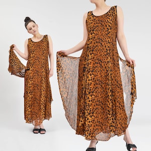 Leopard Dress size Medium | Vintage 90s Animal Print Maxi Dress Sleeveless Rayon Gauze Boho Dress M