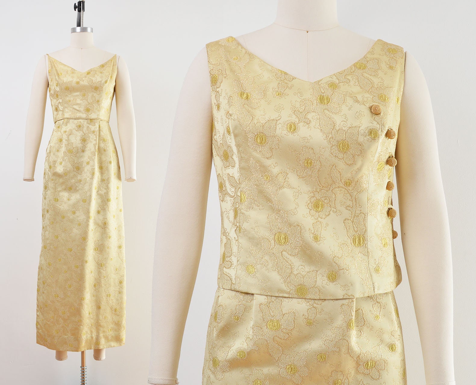 Vintage 60s Gold Floral Brocade Dress 