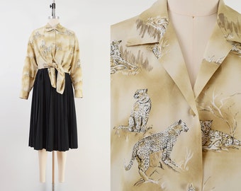 Leopard Print Blouse | 90s Vintage Animal Print Collared Button Down Shirt Beige Black size M L