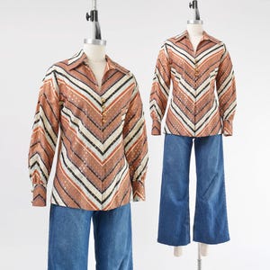 Chevron Striped Top size S M | Vintage 60s Metallic Gold Mod Retro Collared Button Down Long Sleeve Blouse