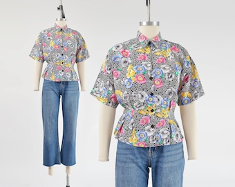 Romantic Floral Blouse 80s does 40s Vintage Nipped Waist Collared Button Down Top size S M