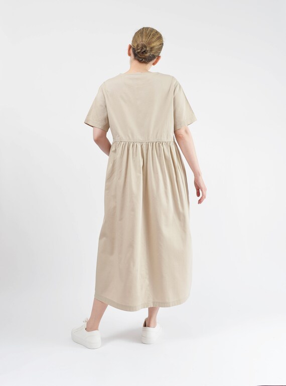 Khaki Cotton Dress 90s Vintage Short Sleeve Butto… - image 5