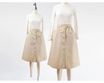 80s Khaki Tan Midi Skirt size M | Vintage High Waisted Button Front A-Line Minimalist Academia Safari Style