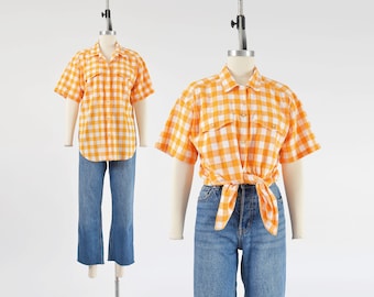 Cotton Checkered Gingham Shirt 90s Vintage White and Orange Collared Button Down Short Sleeve Blouse size M