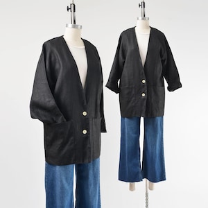80s Black Linen Jacket size S M | Vintage Minimal Classic Deep V Neck Light Weight Jacket with Pockets