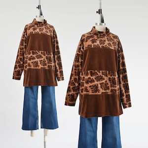 Vintage 90s Brown Animal Print Velour Top size Large | 1990s Stretchy Cotton Knit Velvet Long Sleeve Mockneck Tunic