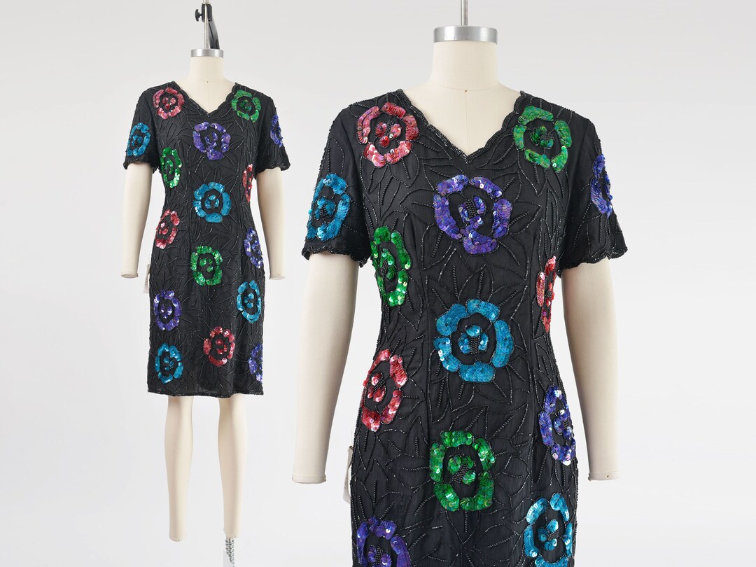 Black Floral Beaded Dress 80s Vintage Short Sleeve Sequin Silk Party ...